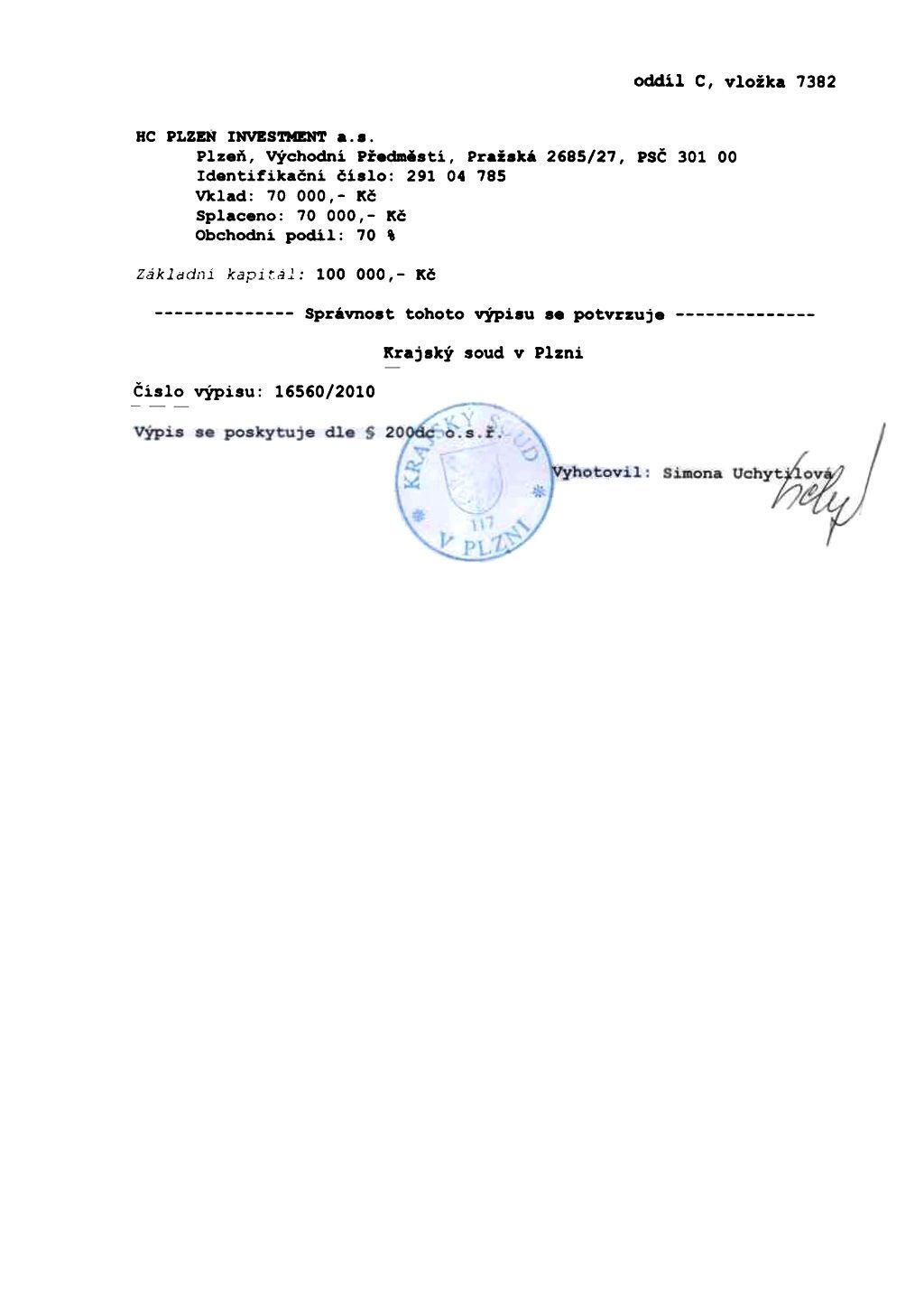 Dokument: plná moc HC Plzeň pro Svobodu a Straku