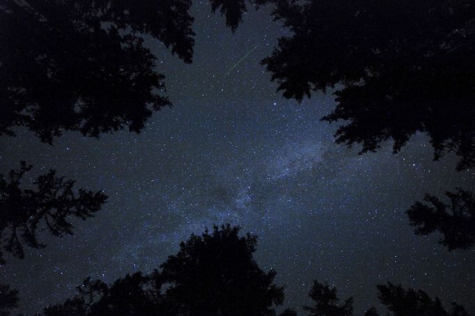 A meteor streaks across the sky during the Perseid meteor shower on Rogla, Slovenia,