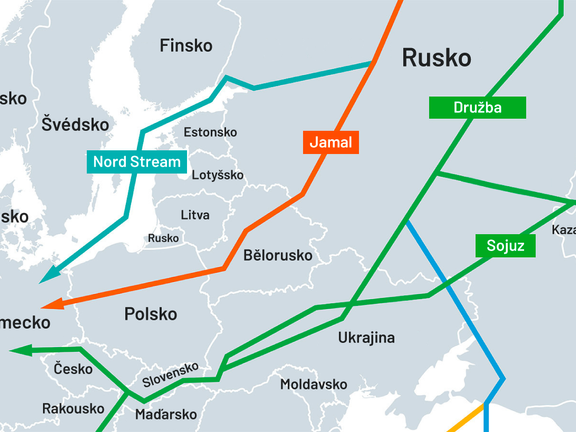 Trasy ruských potrubí do Evropy. Plynovodů Nord Stream, Jamal a Sojuz, ropovodu Družba.