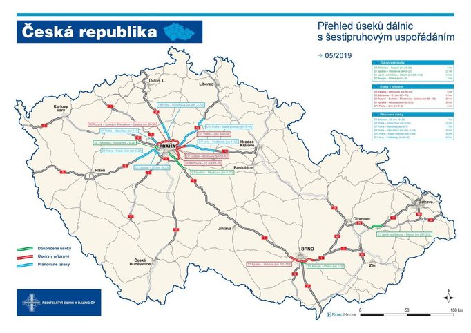 Šestipruhové úseky dálnic v Česku.