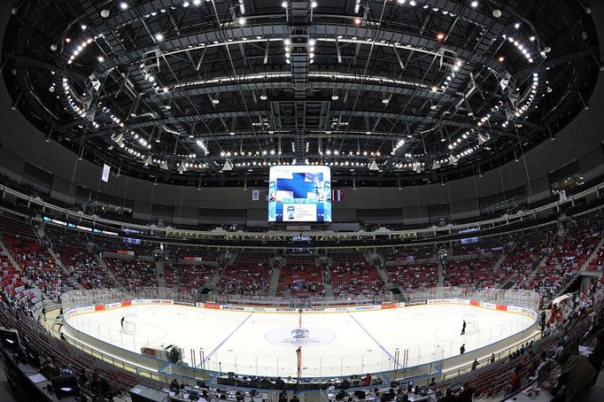 An interior view of the Bolshoi Ice Dome arena - ice hockey venue at the Olympic Park in Adler outside Sochi, during the IIHF U18 International Ice Hockey World Championship on April 28, 2013.