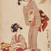 Shungyosai Ryukoku „Hyakunin Isshu, Bijinga“ (Mladá žena sedí u stolu, za ní žena s knihou v rukách) rané 19.století