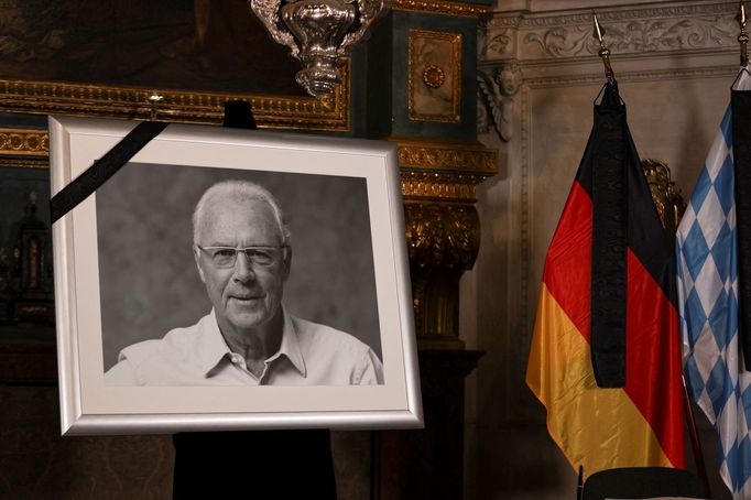 The picture of late German soccer legend Franz Beckenbauer is displayed at a church during an event to sign a book of condolence, in Munich, Germany, January 10, 2024. RE