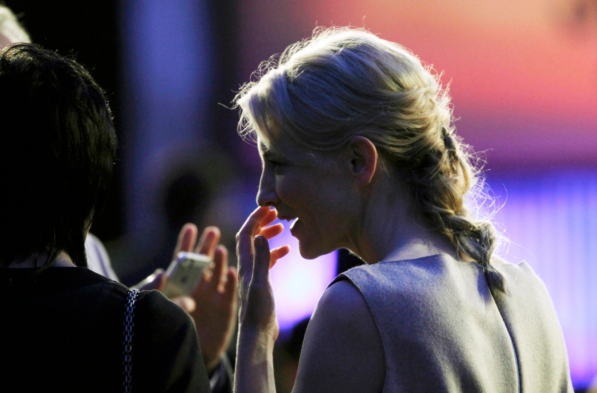 Best Female Lead nominee Cate Blanchett for the film &quot;Blue Jasmine&quot; talks with attendees before the start of the 2014 Film Independent Spirit Awards in Santa Monica