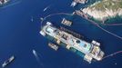 An aerial view of the Costa Concordia cruise liner is photographed from an Italian Civil Protection plane during the refloat operation at Giglio harbour at Giglio Island,