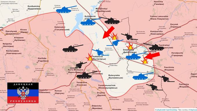 Situace kolem města Debalceve. Bílé území kontroluje ukrajinská armáda, růžové separatisté.