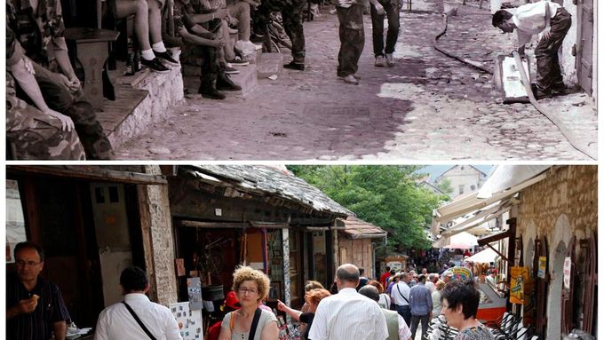 Bosenský Mostar za války a dnes. Místo trosek stánky pro turisty