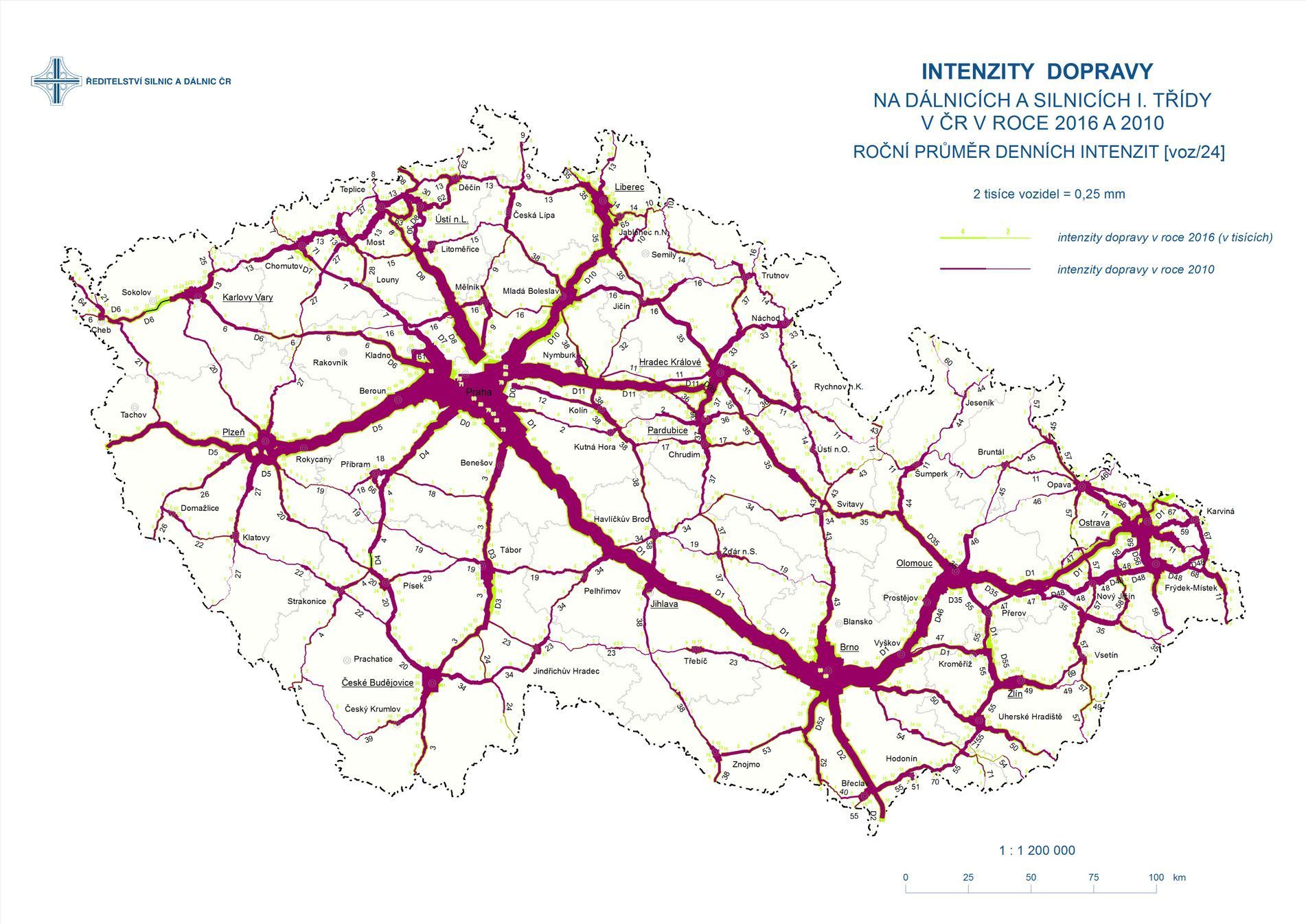 hustota dopravy 2010 + 2016 mapa srovnani