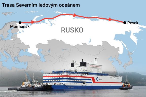 Trasa přes Severní ledový oceán, po které Akademik Lomonosov pluje.