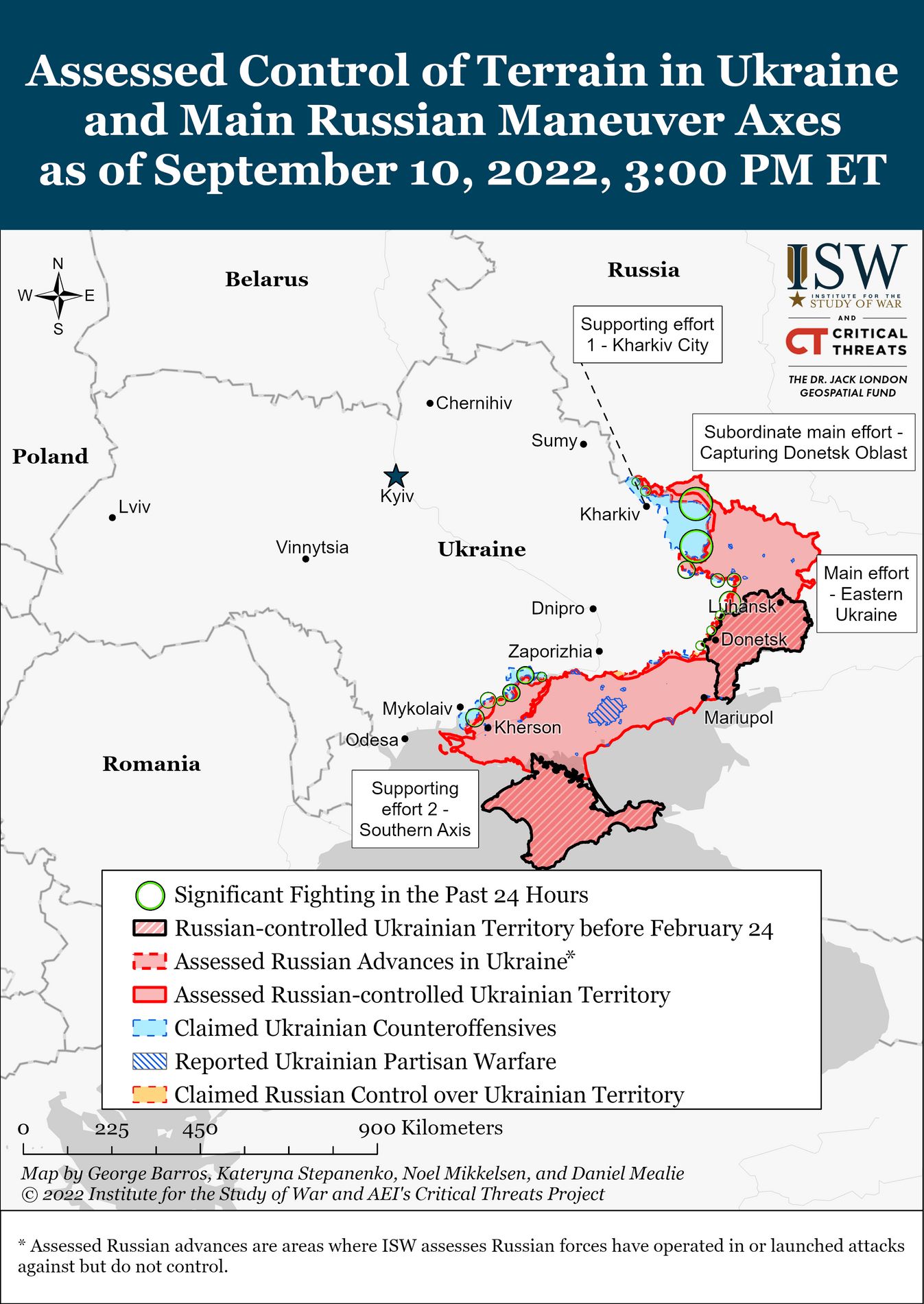 Institu pro studium války na mapě vyznačil modrou barvou nejnovější ukrajinský postup.
