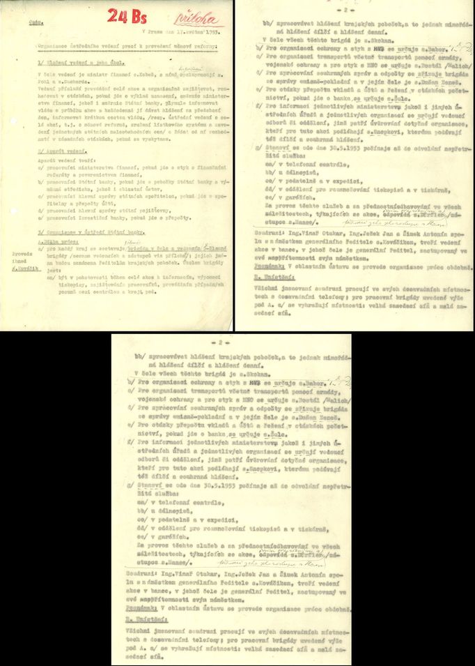 Dokumenty rozpracovávající organizaci ústředního vedení prací k provedení měnové reformy v roce 1953. Koláž dokumentů vytvořených 17. 5. 1953.