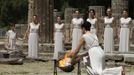 Greek actress Ino Menegaki, playing the role of High Priestess, lights a torch from the sun's rays reflected in a parabolic mirror during the torch lighting ceremony of the London 2012 Olympic Games at the site of ancient Olympia in Greece May 10, 2012. REUTERS/John Kolesidis (GREECE - Tags: SPORT OLYMPICS) Published: Kvě. 10, 2012, 9:31 dop.