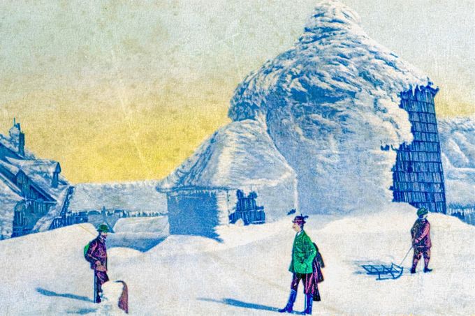 Dobové snímky z historie lanové dráha z Peci pod Sněžkou na Sněžku. Nedatovaný snímek.