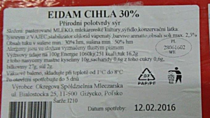 Klamně označený sýr Eidam