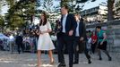 Catherine, the Duchess of Cambridge, arrives at a surf lifesaving demonstration with Australian Prime Minister Tony Abbott at Sydney's Manly beach