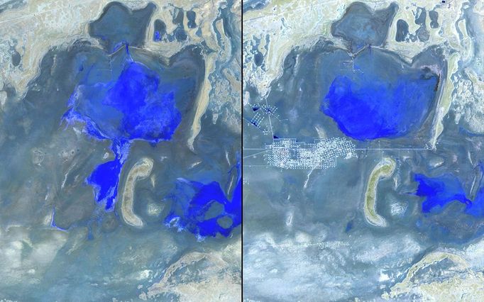 http://climate.nasa.gov/state_of_flux#Oilproduction_Kazakhstan.jpg Mangystau Province, Kazakhstan Left: August 6, 1987. Right: July 23, 2011. The landscape of Kazakhstan's Mangystau Province, near the Caspian Sea, has changed since oil and gas deposits in the region began to be exploited in the early 1990s. The 2011 image shows production facilities in the desert with settlements built around them. Increased fossil fuel production in this area has raised concerns about the quality and availability of freshwater needed for rural development and public health. Images taken by the Thematic Mapper sensor onboard Landsat 5. Source: USGS Landsat Missions Gallery, "Expanding Oil Production in Mangystau Province, Kazakhstan," U.S. Department of the Interior / U.S. Geological Survey.