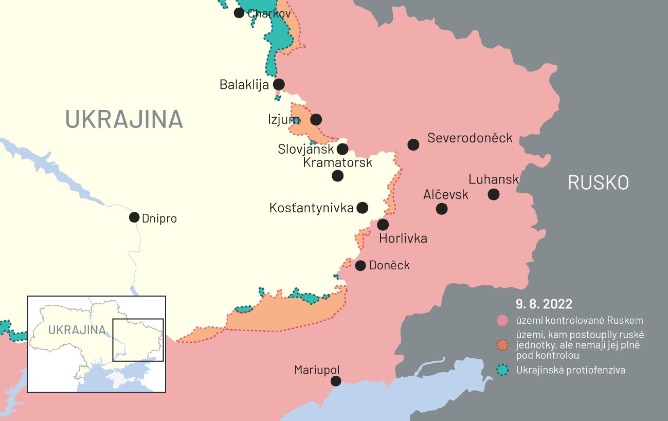 9. srpen 2022: Mapa bojů na Ukrajině