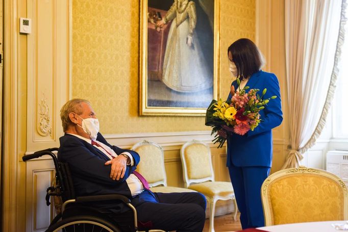 Český prezident Miloš Zeman a běloruská opoziční vůdkyně Svjatlana Cichanouská.