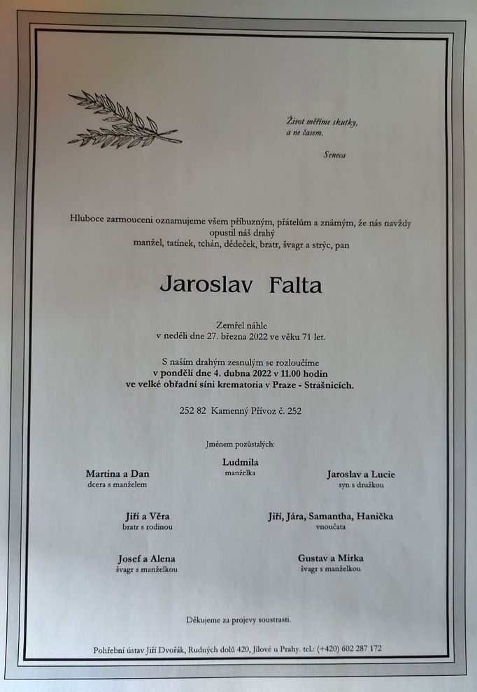 Úmrtní oznámení Jaroslava Falty