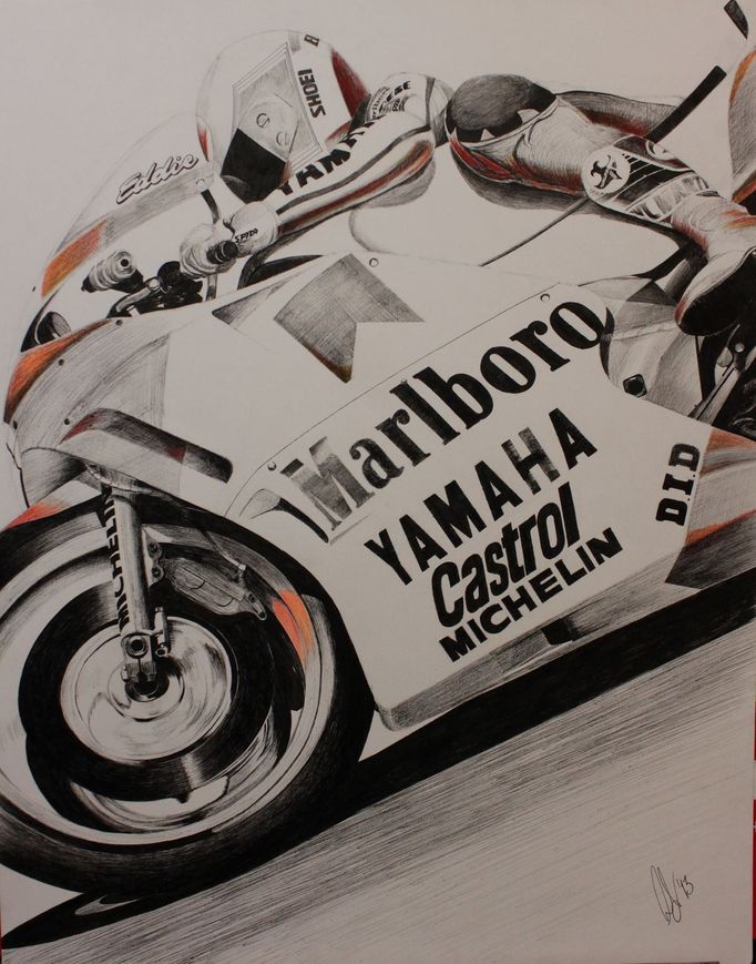 ... a na konci kolorovaná kresba pětistovky Yamaha YZR500, s níž v roce 1988  získal Eddie Lawson titul. Kresba tužkou.