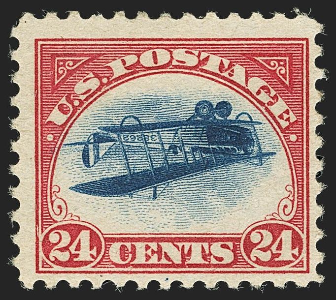 Typická investiční známka - Inverted (obrácená) Jenny, 1918, USA, cena až 1 mil. USD
