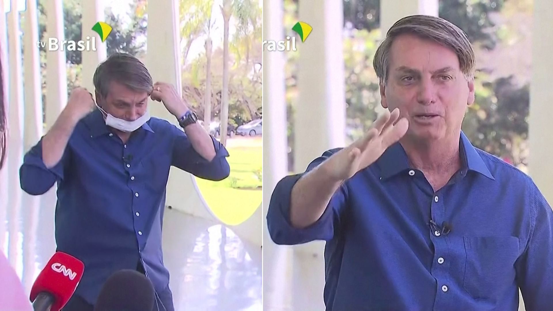 Jair Bolsonaro sundal roušku před novináři na tiskové konferenci