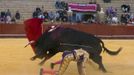 Mexican matador Diego Silveti falls next to a bull during a bullfight in Seville