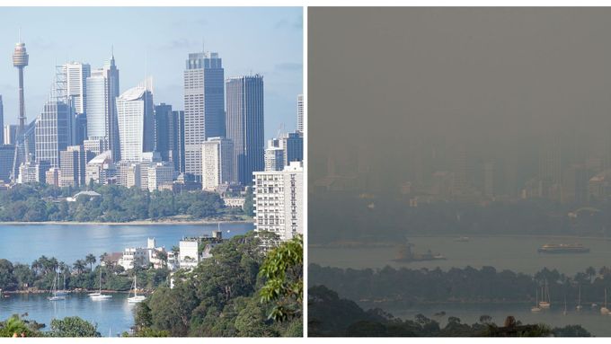 Pohled na největší australské město Sydney. Vlevo je dva roky starý snímek, vpravo je fotografie stará dva dny. Takhle vypadá město dusící se hustým dýmem ze stovky lesních požárů.