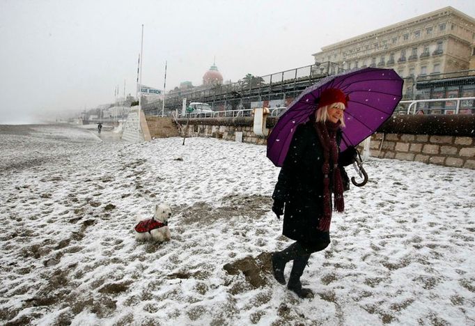 Psík a dáma na plážové promenádě. Nice, Francie.