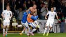 Stoch of Slovakia celebrates his goal against Spain with team mates during their Euro 2016 qualification soccer match at the MSK stadium in Zilina