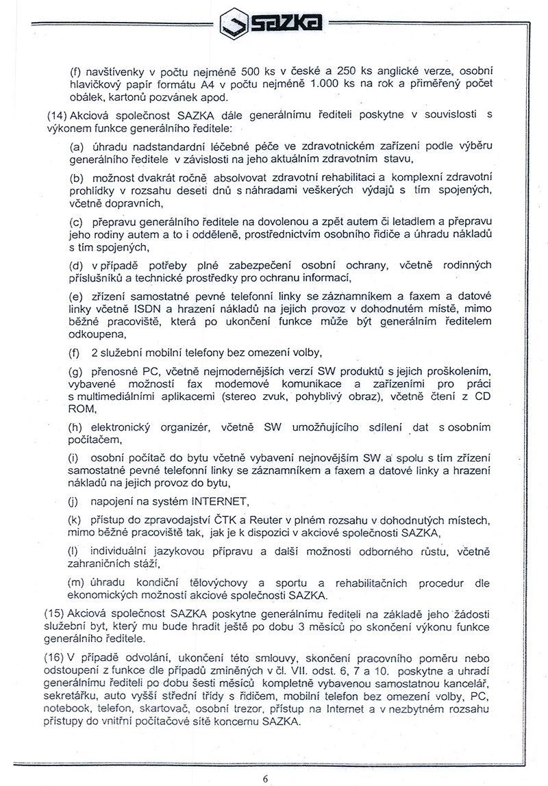 Pracovní smlouva generálního ředitele Sazky Aleše Hušáka