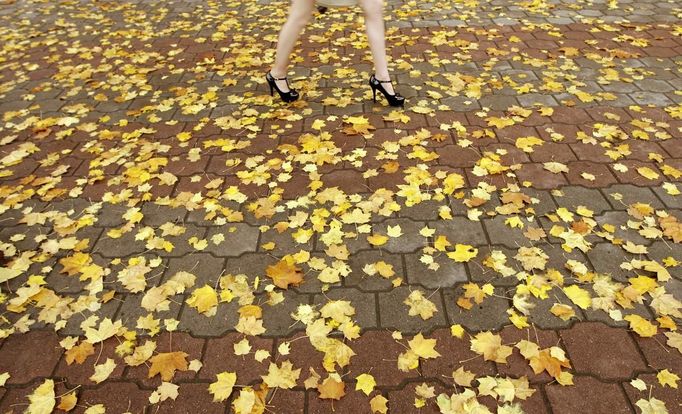 A woman walks on a pavement covered with autumn leaves in central Minsk, October 3, 2012. REUTERS/Vasily Fedosenko (BELARUS - Tags: ENVIRONMENT SOCIETY) Published: Říj. 3, 2012, 1:27 odp.