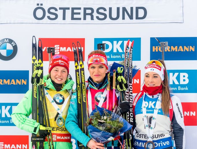 SP Östersund, stíhačka Ž:  Laura Dahlmeierová, Gabriela Koukalová, Dorothea Wiererová