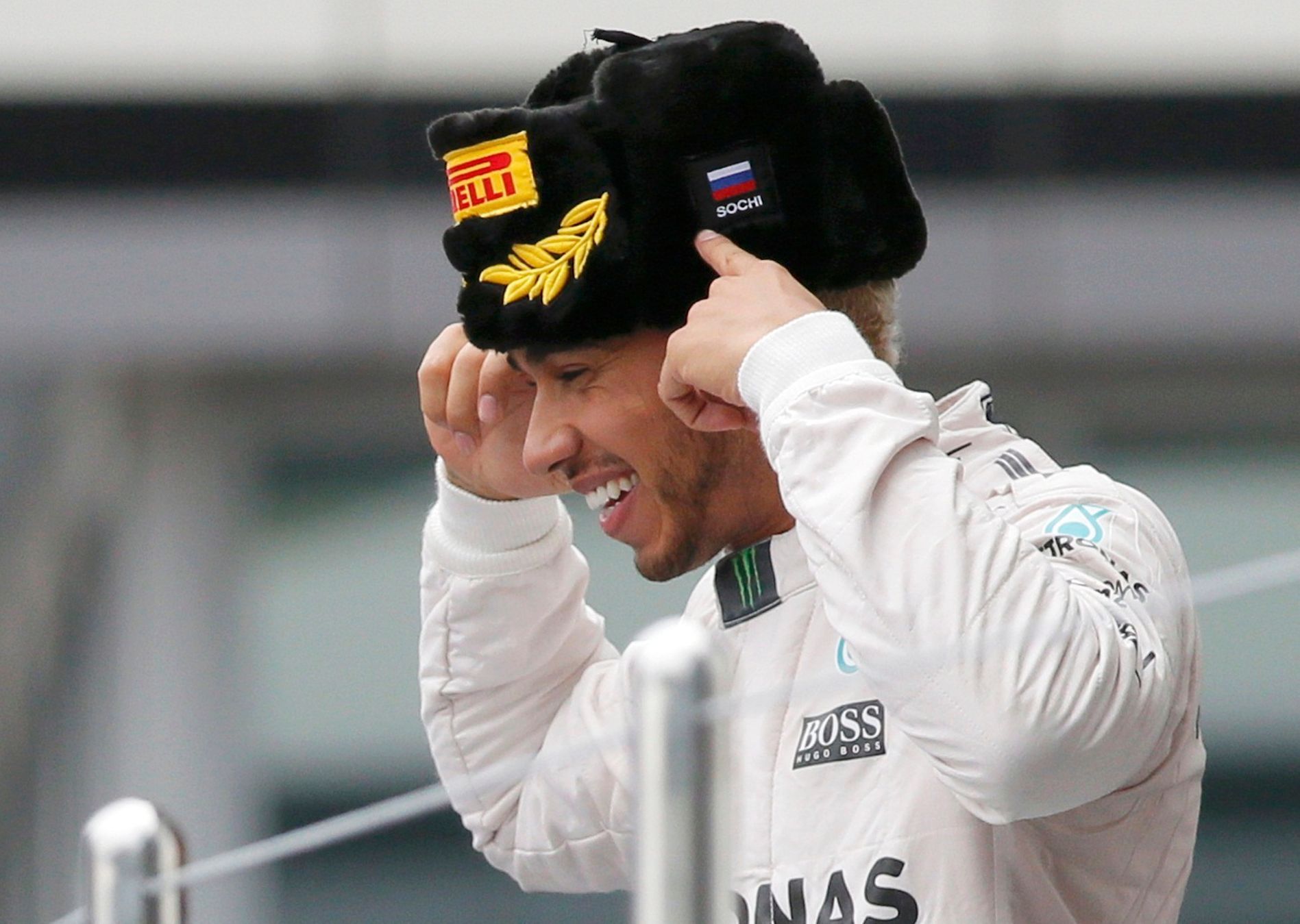 Mercedes' Hamilton celebrates winning Russian F1 Grand Prix in Sochi