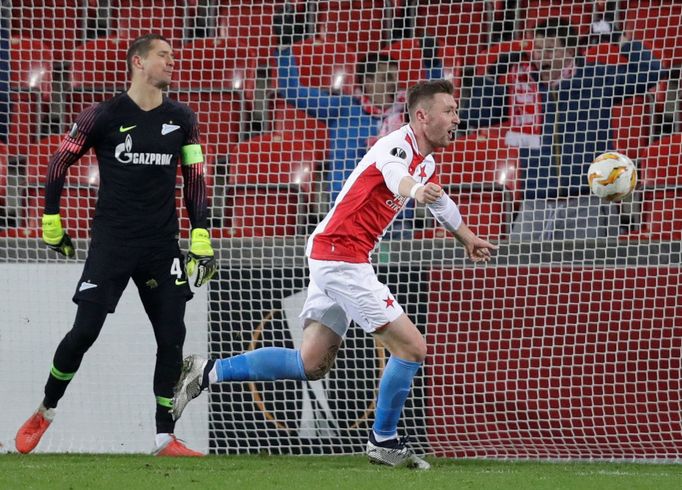 fotbal, Evropská liga 2018/2019, Slavia Praha - Zenit Petrohrad, Jaromír Zmrhal slaví gól na 1:0