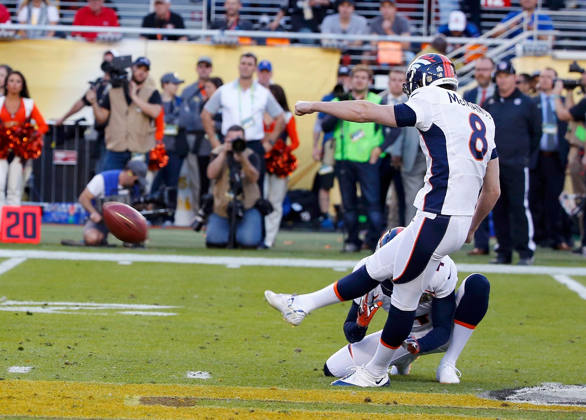 Denver Broncos' Brandon McManus kicks a field goal during the second quarter of the NFL's Super Bowl 50 football game against the Carolina Panthers in Santa Clara