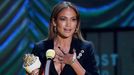 Jennifer Lopez accepts her award during the 2015 MTV Movie Awards in Los Angeles