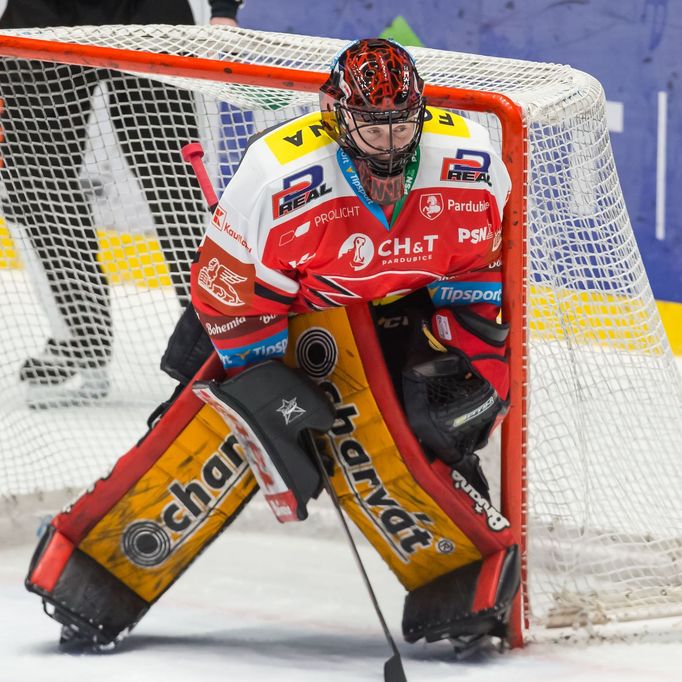 Pardubický brankář Dominik Frodl v zápase extraligy.