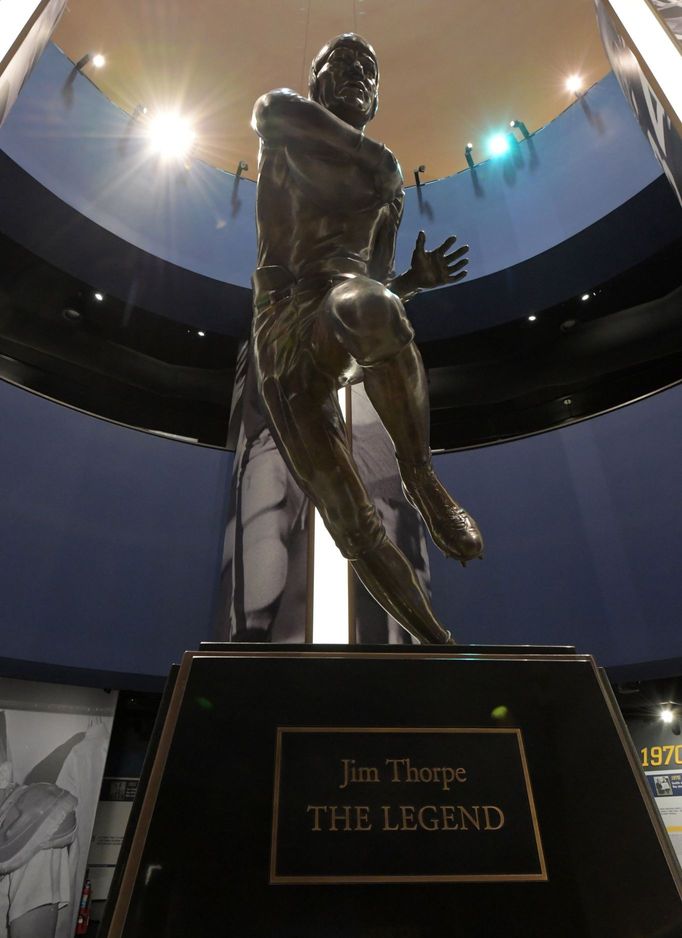 Aug 1, 2019; Canton, OH, USA; Statue of Jim Thorpe on display at the Pro Football Hall of Fame. Mandatory Credit: Kirby Lee-USA TODAY Sports