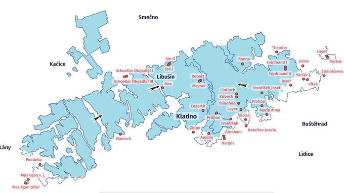 Mapa zatopených stařin Kladenských dolů rozkládající se pod územím několika obcí. Odhaduje se, že obsahují až 170 milionů kubíků vody.