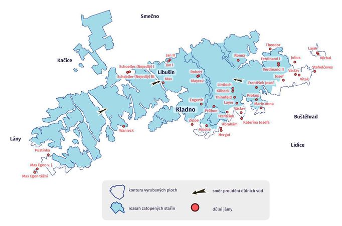 Mapa zatopených stařin Kladenských dolů rozkládající se pod územím několika obcí. Odhaduje se, že obsahují až 170 milionů kubíků vody.