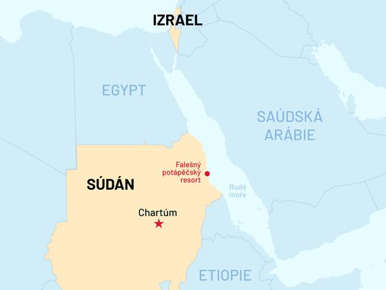 Falešný dovolenkový resort provozovaný Mosadem na mapě Súdánu.