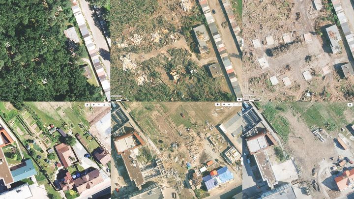 Obrazem: Srovnávací letecké snímky ukazují zkázu i postupnou obnovu po tornádu; Zdroj foto: Koláž: Dan Poláček, Zdrojové letecké snímky: TopGis