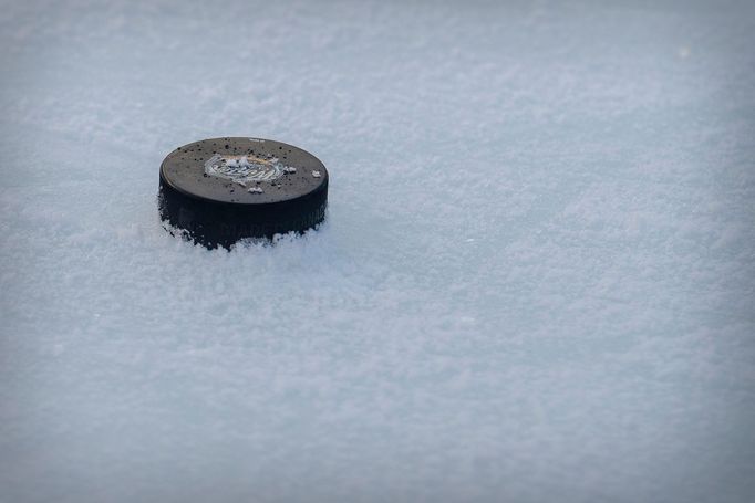 Dec 31, 2019; Dallas, Texas, USA; A view of the game puck during practice before the 2020 Winter Classic hockey game at the Cotton Bowl in Dallas, TX. Mandatory Credit: J