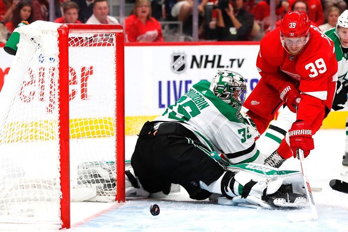 Oct 6, 2019; Detroit, MI, USA; Detroit Red Wings right wing Anthony Mantha (39) scores a goal on Dallas Stars goaltender Anton Khudobin (35) in the second period at Littl