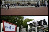 Buckinghamský palác. Přímo před královským palácem vzniklo pódium pro akce spojené s oslavou ukončení her v Číně a pořádání olympiády v Londýně 2012.