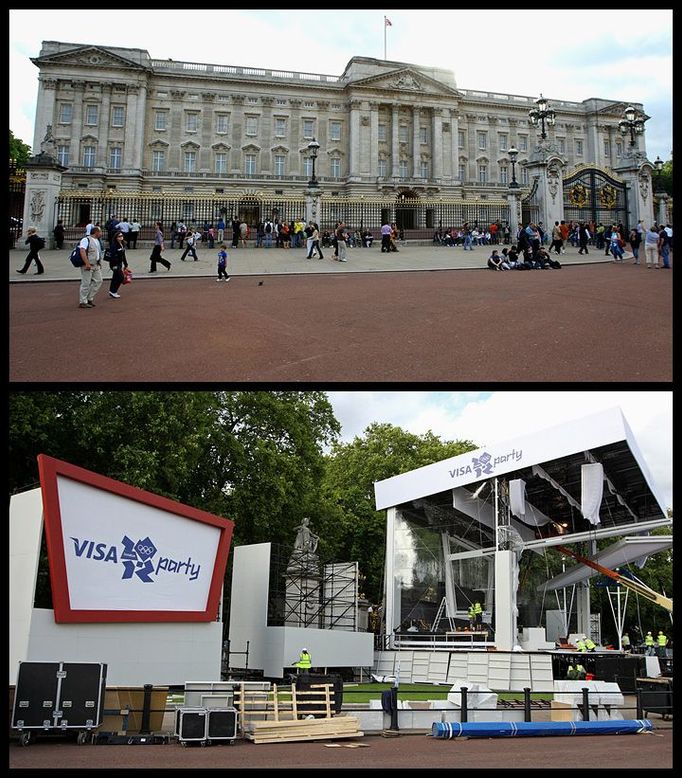 Buckinghamský palác. Přímo před královským palácem vzniklo pódium pro akce spojené s oslavou ukončení her v Číně a pořádání olympiády v Londýně 2012.