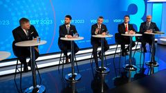 Leaders of various political parties attend a televised debate ahead of Slovak early parliamentary election at TV TA3 in Bratislava