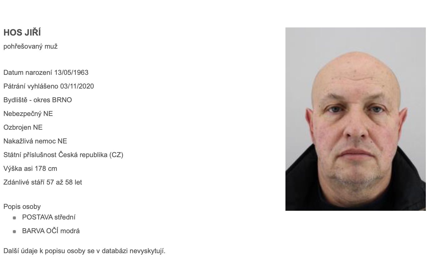 Jiří Hos v policejní databázi pohřešovaných osob.