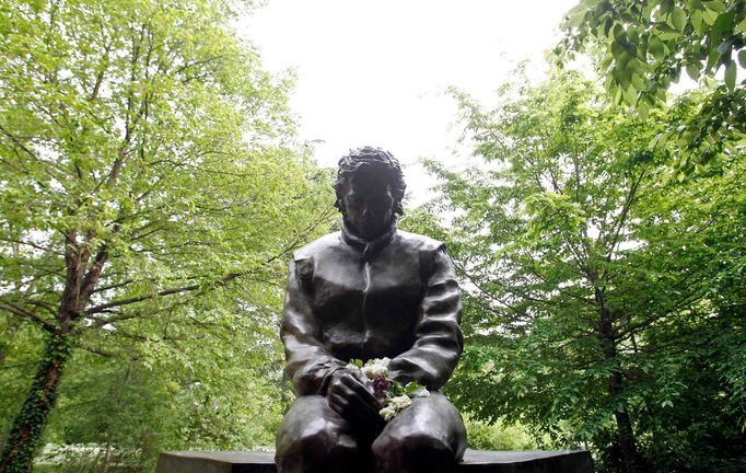 A memorial statue of Brazilian Formula One driver Ayrton Senna is seen in the park inside the race track at Imola April 22, 2014. Twenty years after Senna died at Imola's